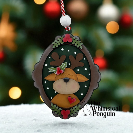 Hand-Painted Reindeer Christmas Ornament – Cute Holiday Deer with Heart and Holly – Rustic Woodland Tree Décor